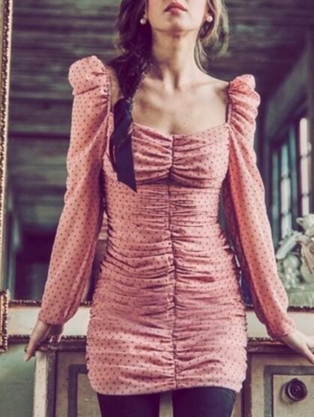 Mestiza Pink Ruched Dot Puff Sleeve Mini Dress